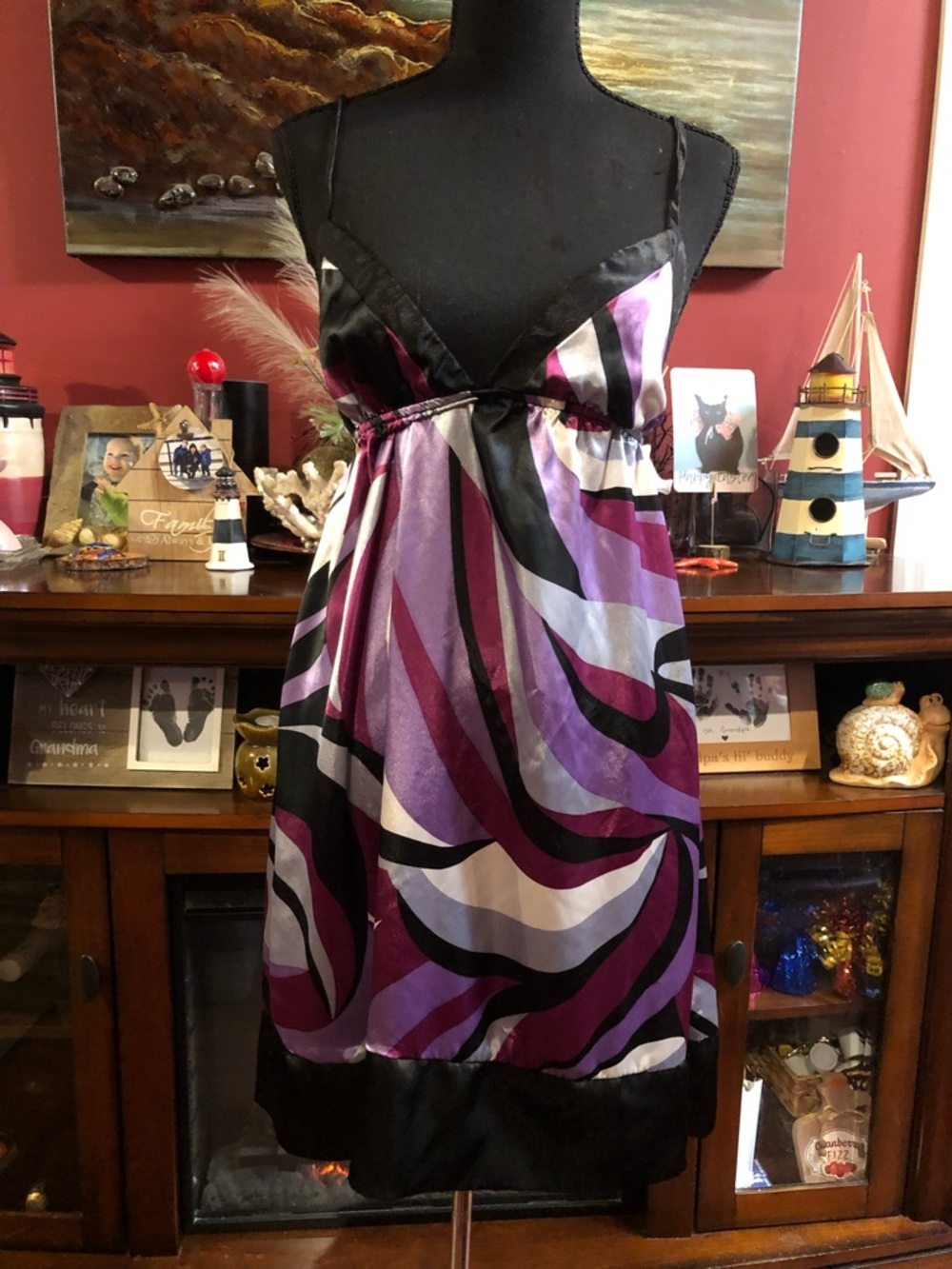 Satin Abstract Print Midi Dress in shades of Purple and Black